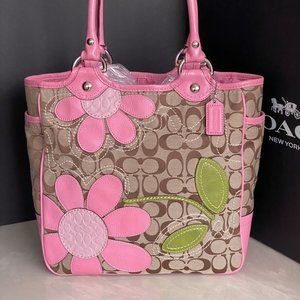 COACH Bleeker Khaki Signature Floral Applique Shoulder Tote Bag